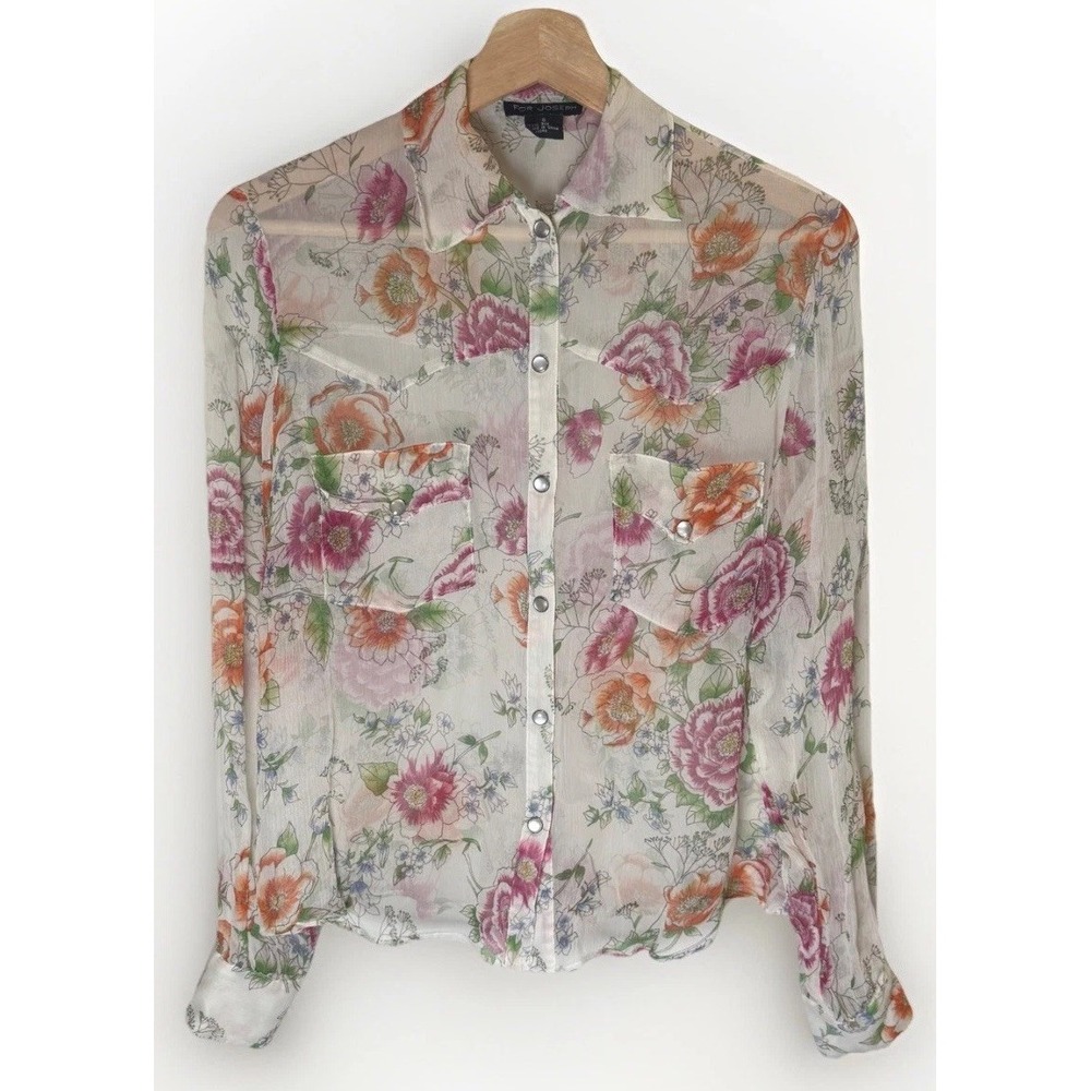 For Joseph Women S Floral Snap Button Up Top Blouse Sheer Silk Cottage Core
